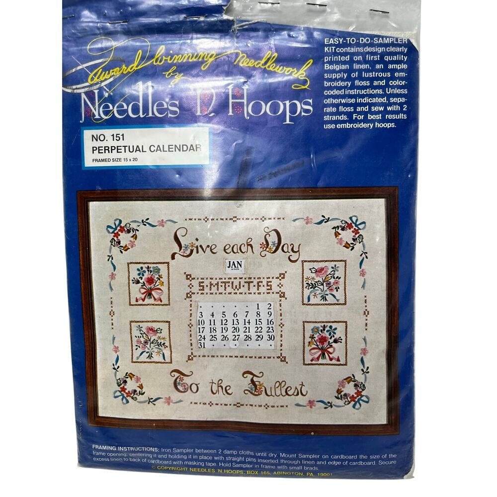 New Vintage Needles 'N Hoops no. 151 perpetual calendar belgian linen embroidery